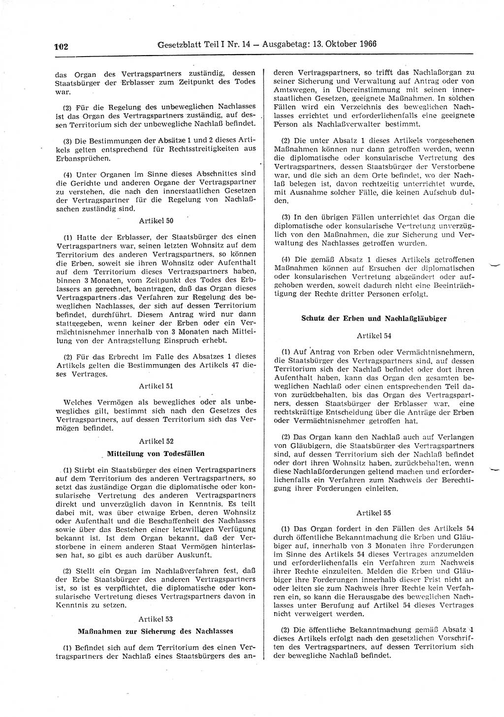 Gesetzblatt (GBl.) der Deutschen Demokratischen Republik (DDR) Teil Ⅰ 1966, Seite 102 (GBl. DDR Ⅰ 1966, S. 102)