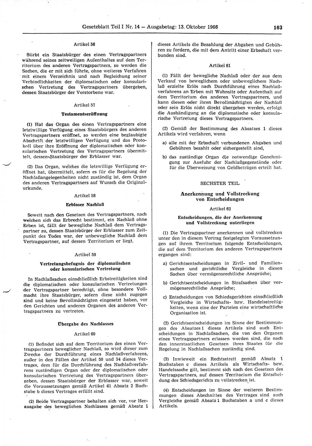 Gesetzblatt (GBl.) der Deutschen Demokratischen Republik (DDR) Teil Ⅰ 1966, Seite 103 (GBl. DDR Ⅰ 1966, S. 103)