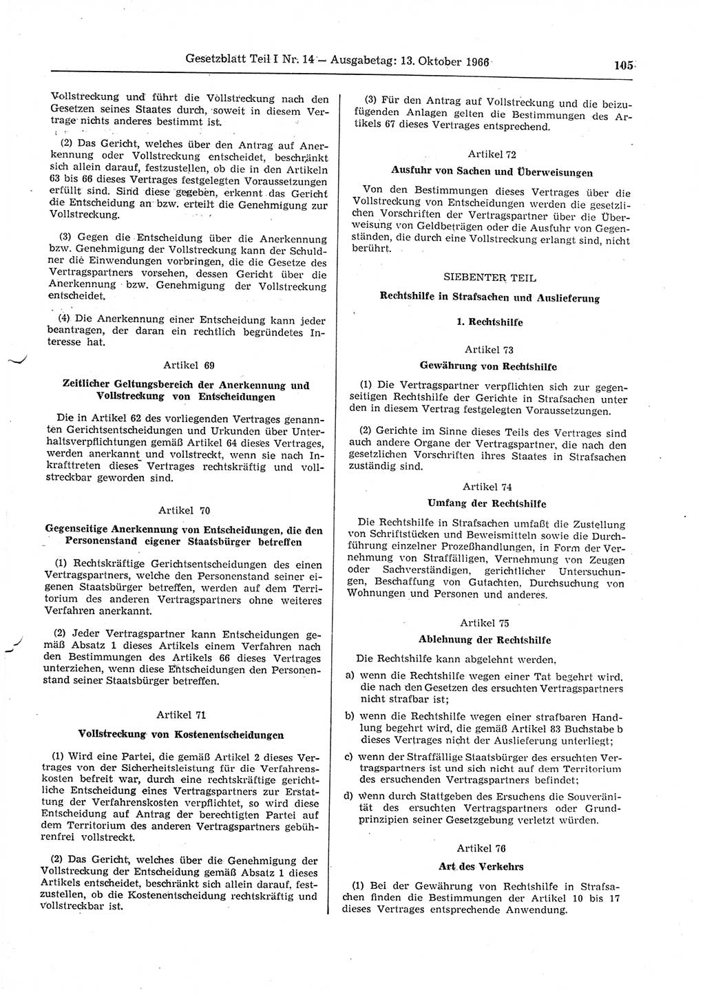 Gesetzblatt (GBl.) der Deutschen Demokratischen Republik (DDR) Teil Ⅰ 1966, Seite 105 (GBl. DDR Ⅰ 1966, S. 105)