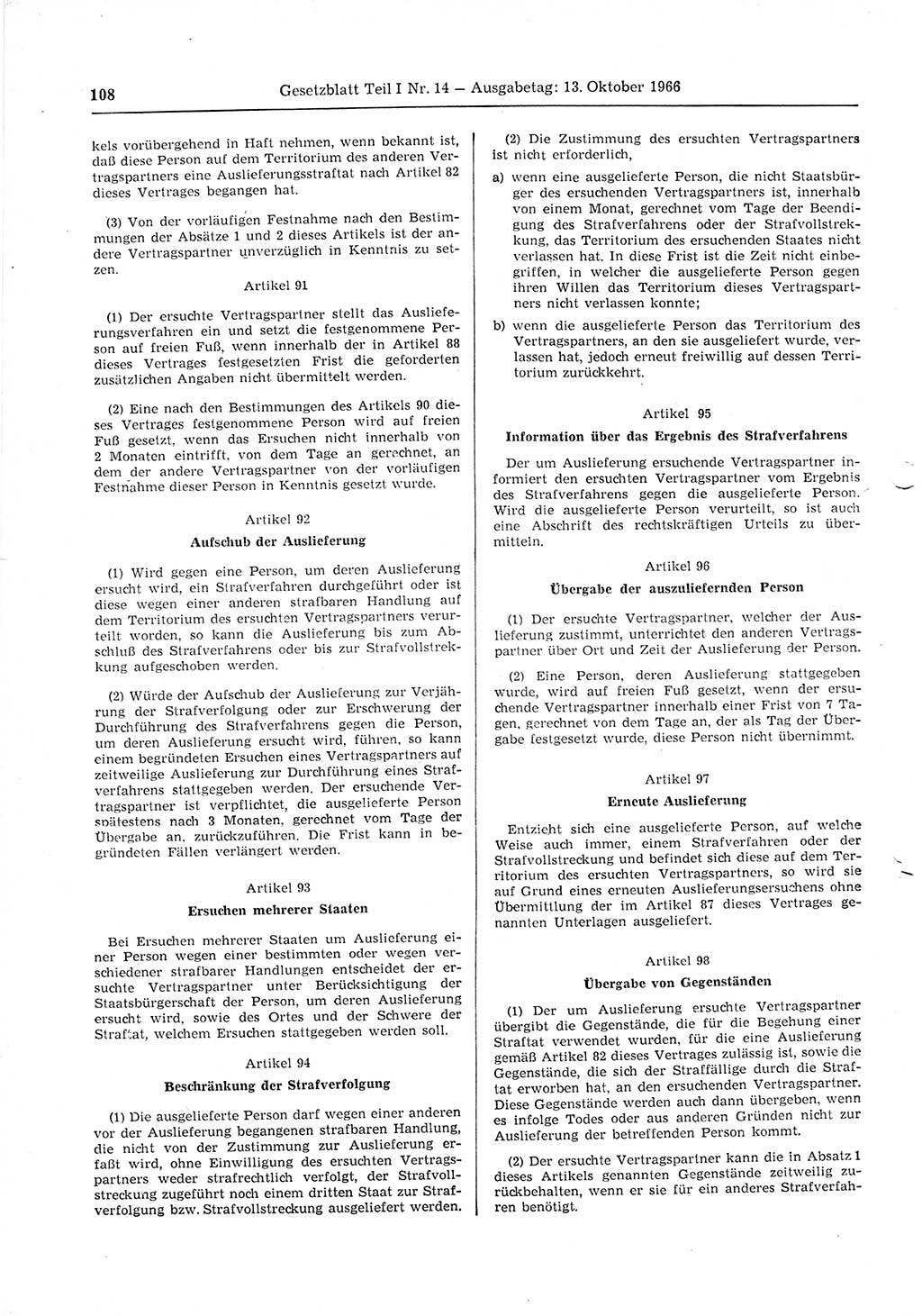Gesetzblatt (GBl.) der Deutschen Demokratischen Republik (DDR) Teil Ⅰ 1966, Seite 108 (GBl. DDR Ⅰ 1966, S. 108)