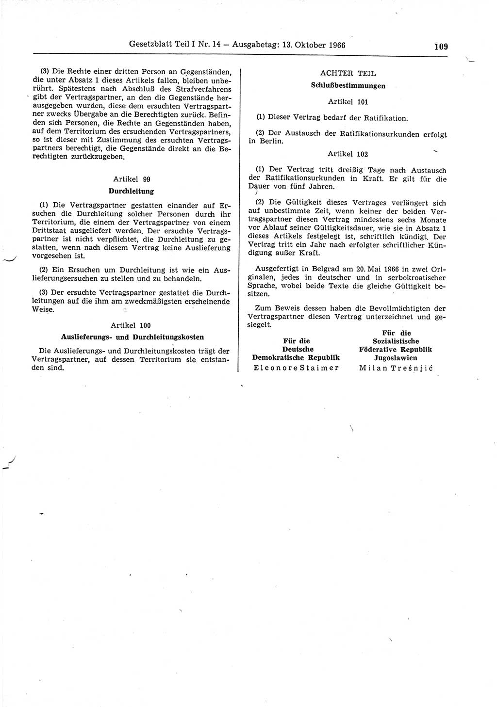 Gesetzblatt (GBl.) der Deutschen Demokratischen Republik (DDR) Teil Ⅰ 1966, Seite 109 (GBl. DDR Ⅰ 1966, S. 109)