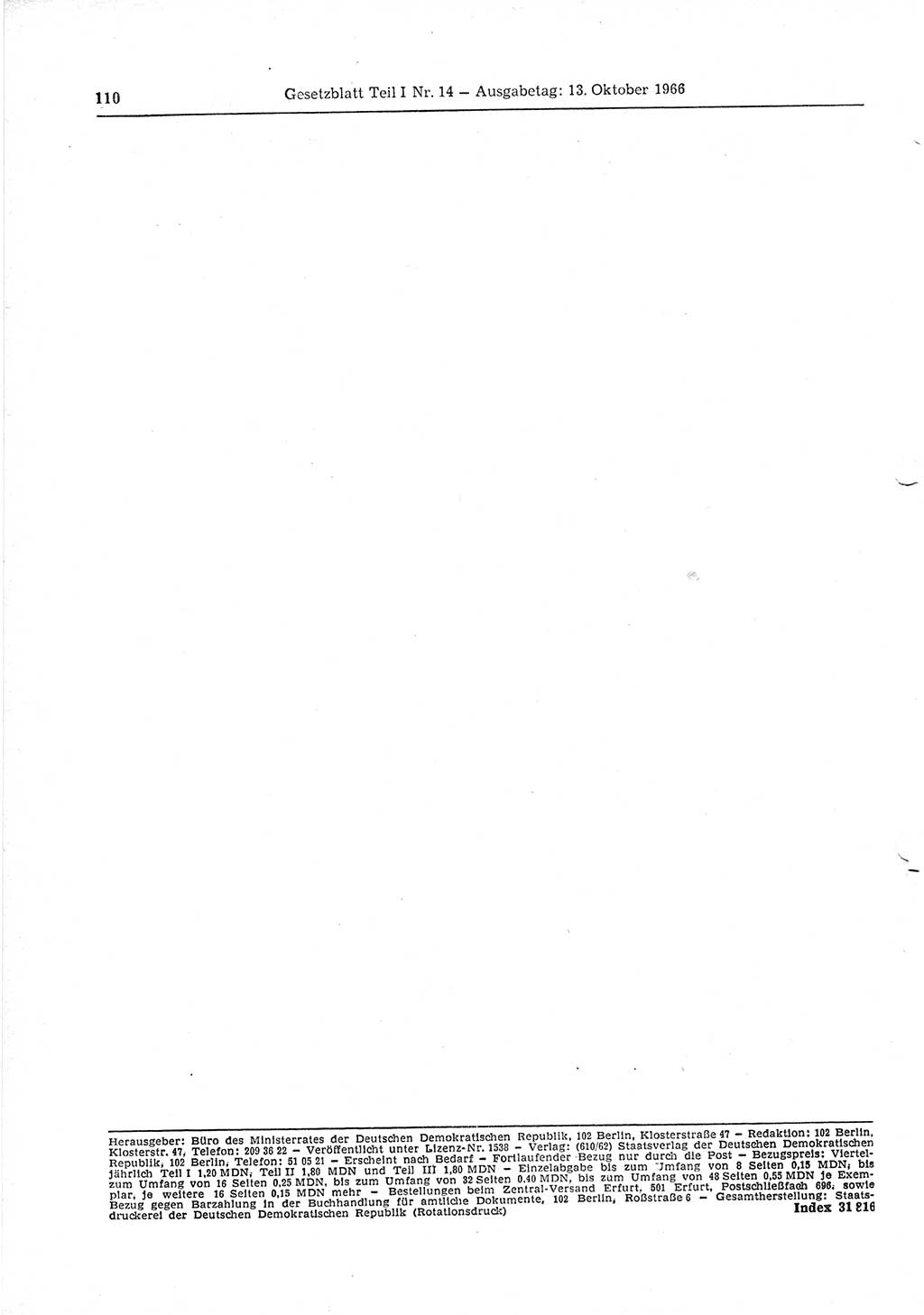 Gesetzblatt (GBl.) der Deutschen Demokratischen Republik (DDR) Teil Ⅰ 1966, Seite 110 (GBl. DDR Ⅰ 1966, S. 110)