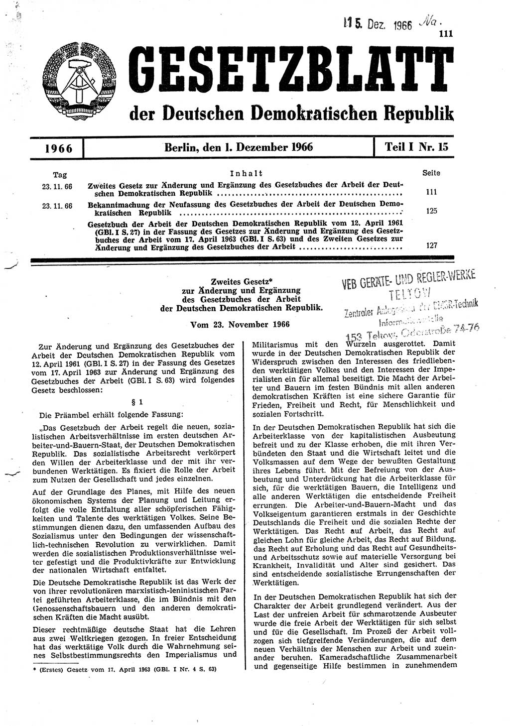 Gesetzblatt (GBl.) der Deutschen Demokratischen Republik (DDR) Teil Ⅰ 1966, Seite 111 (GBl. DDR Ⅰ 1966, S. 111)