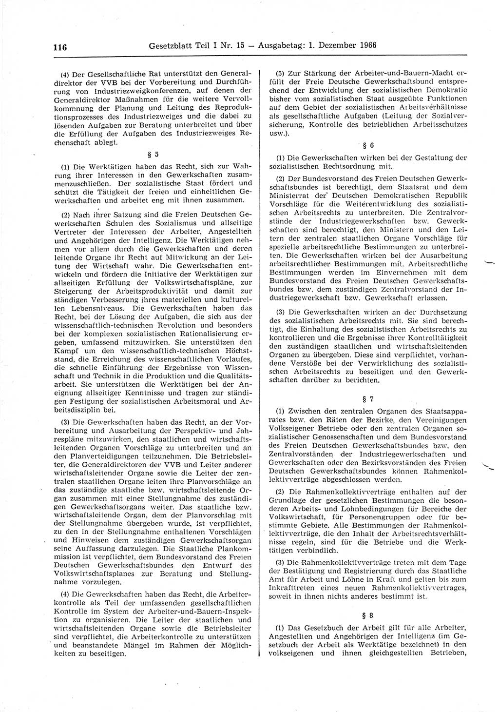 Gesetzblatt (GBl.) der Deutschen Demokratischen Republik (DDR) Teil Ⅰ 1966, Seite 116 (GBl. DDR Ⅰ 1966, S. 116)