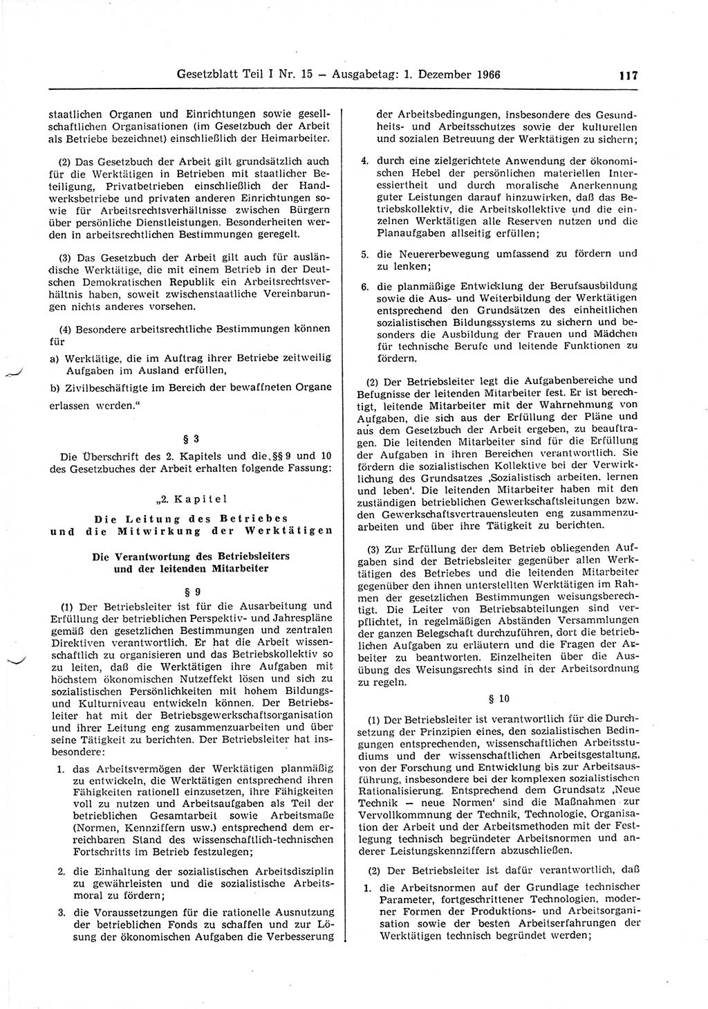 Gesetzblatt (GBl.) der Deutschen Demokratischen Republik (DDR) Teil Ⅰ 1966, Seite 117 (GBl. DDR Ⅰ 1966, S. 117)
