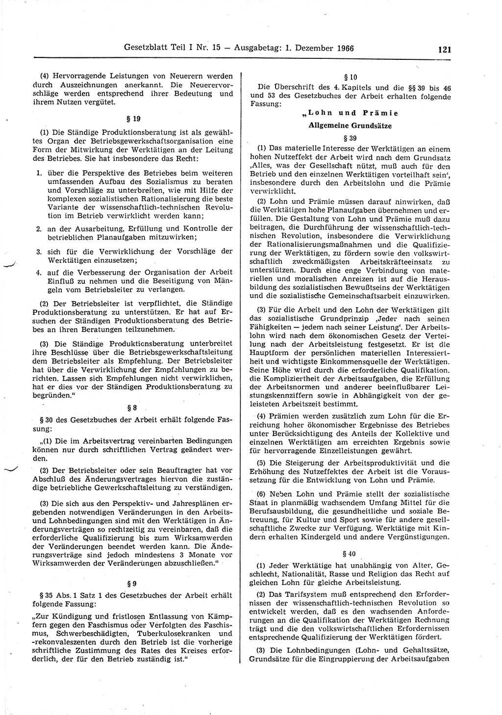 Gesetzblatt (GBl.) der Deutschen Demokratischen Republik (DDR) Teil Ⅰ 1966, Seite 121 (GBl. DDR Ⅰ 1966, S. 121)