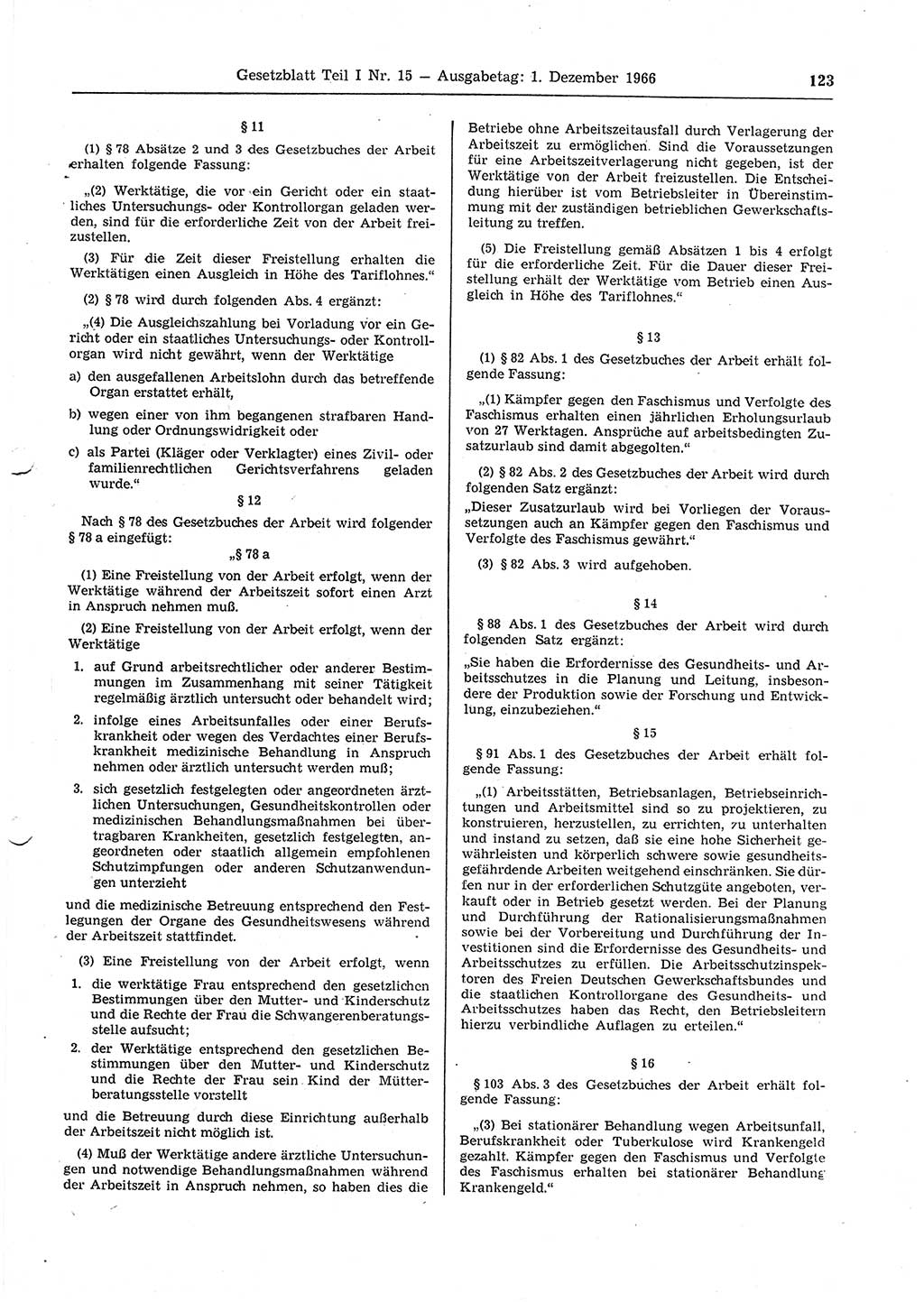 Gesetzblatt (GBl.) der Deutschen Demokratischen Republik (DDR) Teil Ⅰ 1966, Seite 123 (GBl. DDR Ⅰ 1966, S. 123)