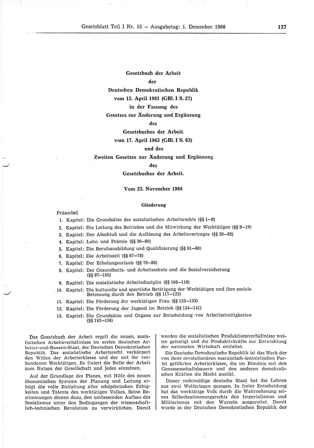 Gesetzblatt (GBl.) der Deutschen Demokratischen Republik (DDR) Teil Ⅰ 1966, Seite 127 (GBl. DDR Ⅰ 1966, S. 127)