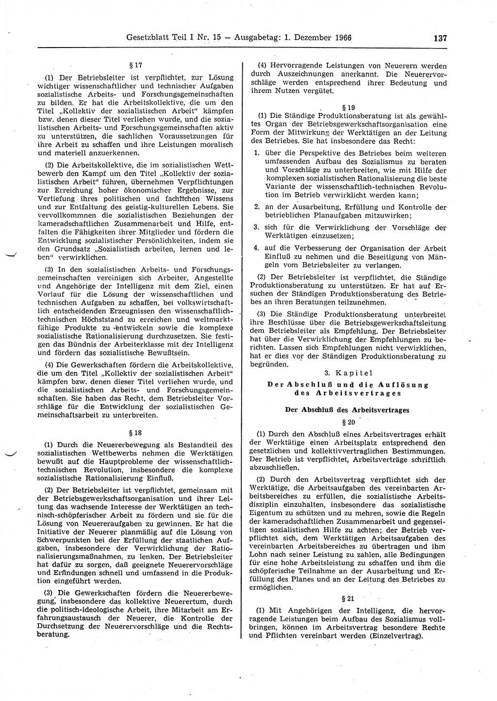 Gesetzblatt (GBl.) der Deutschen Demokratischen Republik (DDR) Teil Ⅰ 1966, Seite 137 (GBl. DDR Ⅰ 1966, S. 137)