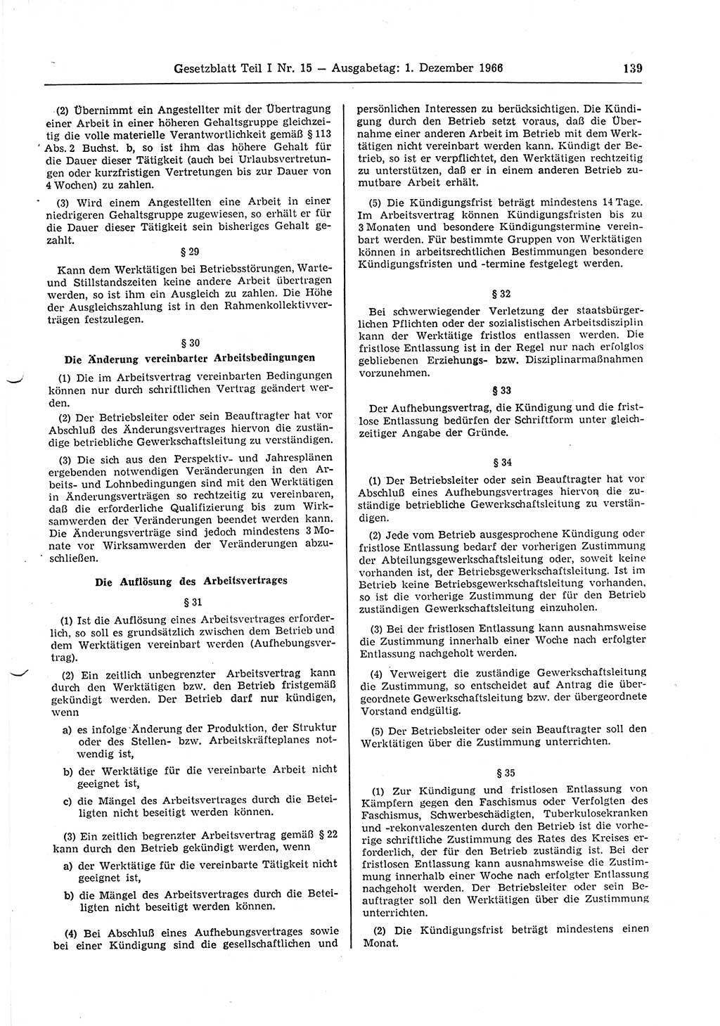 Gesetzblatt (GBl.) der Deutschen Demokratischen Republik (DDR) Teil Ⅰ 1966, Seite 139 (GBl. DDR Ⅰ 1966, S. 139)