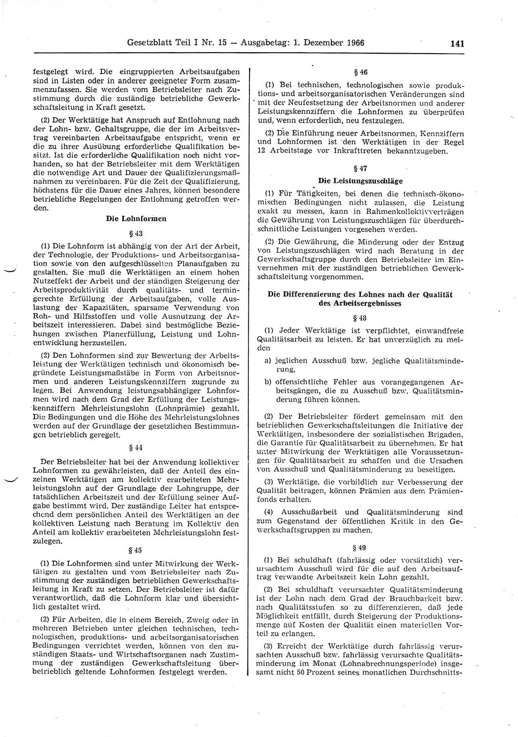 Gesetzblatt (GBl.) der Deutschen Demokratischen Republik (DDR) Teil Ⅰ 1966, Seite 141 (GBl. DDR Ⅰ 1966, S. 141)