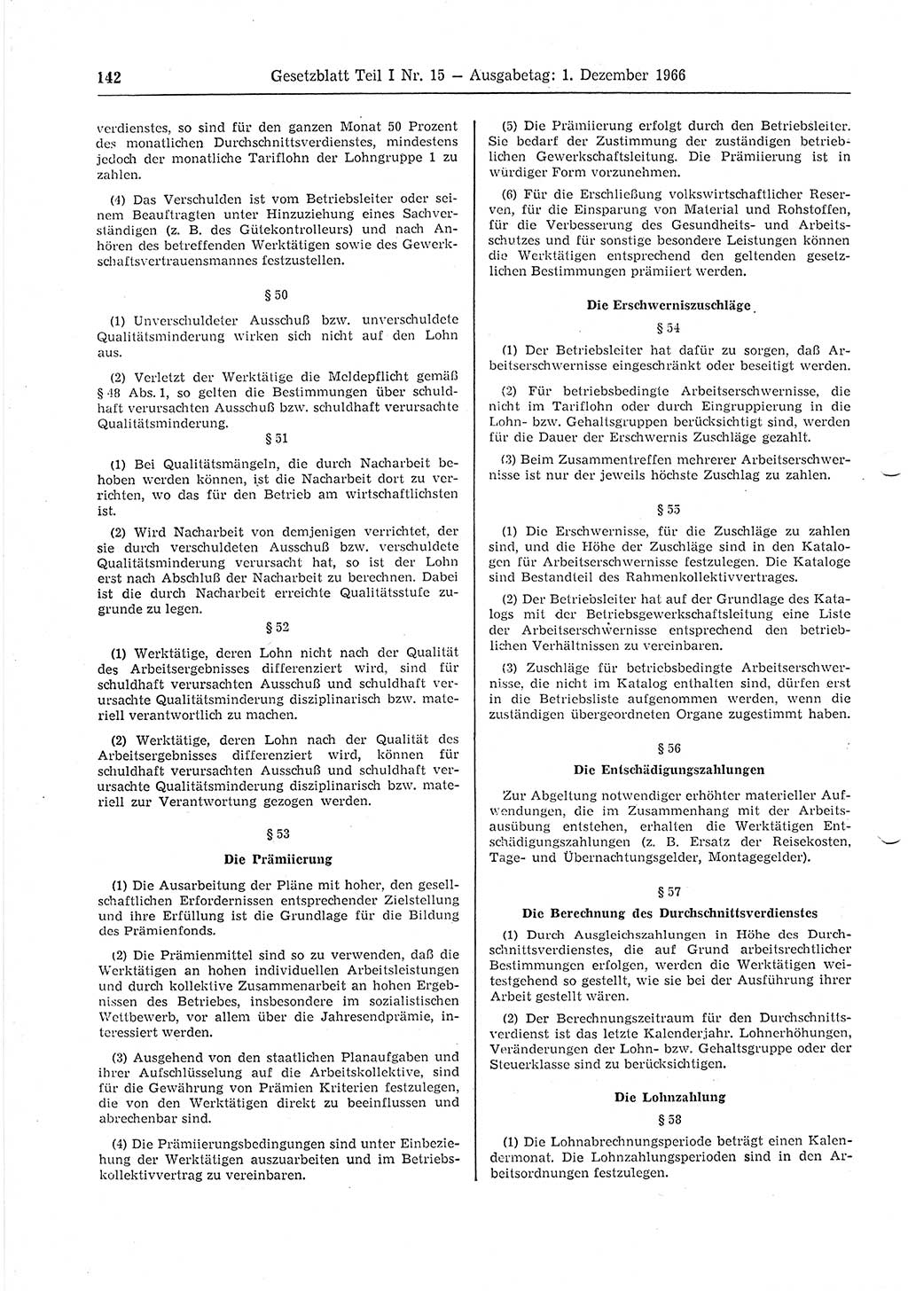 Gesetzblatt (GBl.) der Deutschen Demokratischen Republik (DDR) Teil Ⅰ 1966, Seite 142 (GBl. DDR Ⅰ 1966, S. 142)