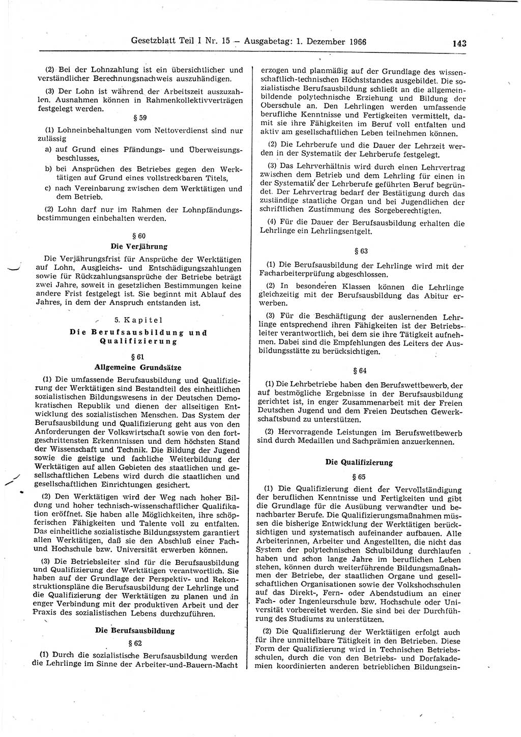 Gesetzblatt (GBl.) der Deutschen Demokratischen Republik (DDR) Teil Ⅰ 1966, Seite 143 (GBl. DDR Ⅰ 1966, S. 143)