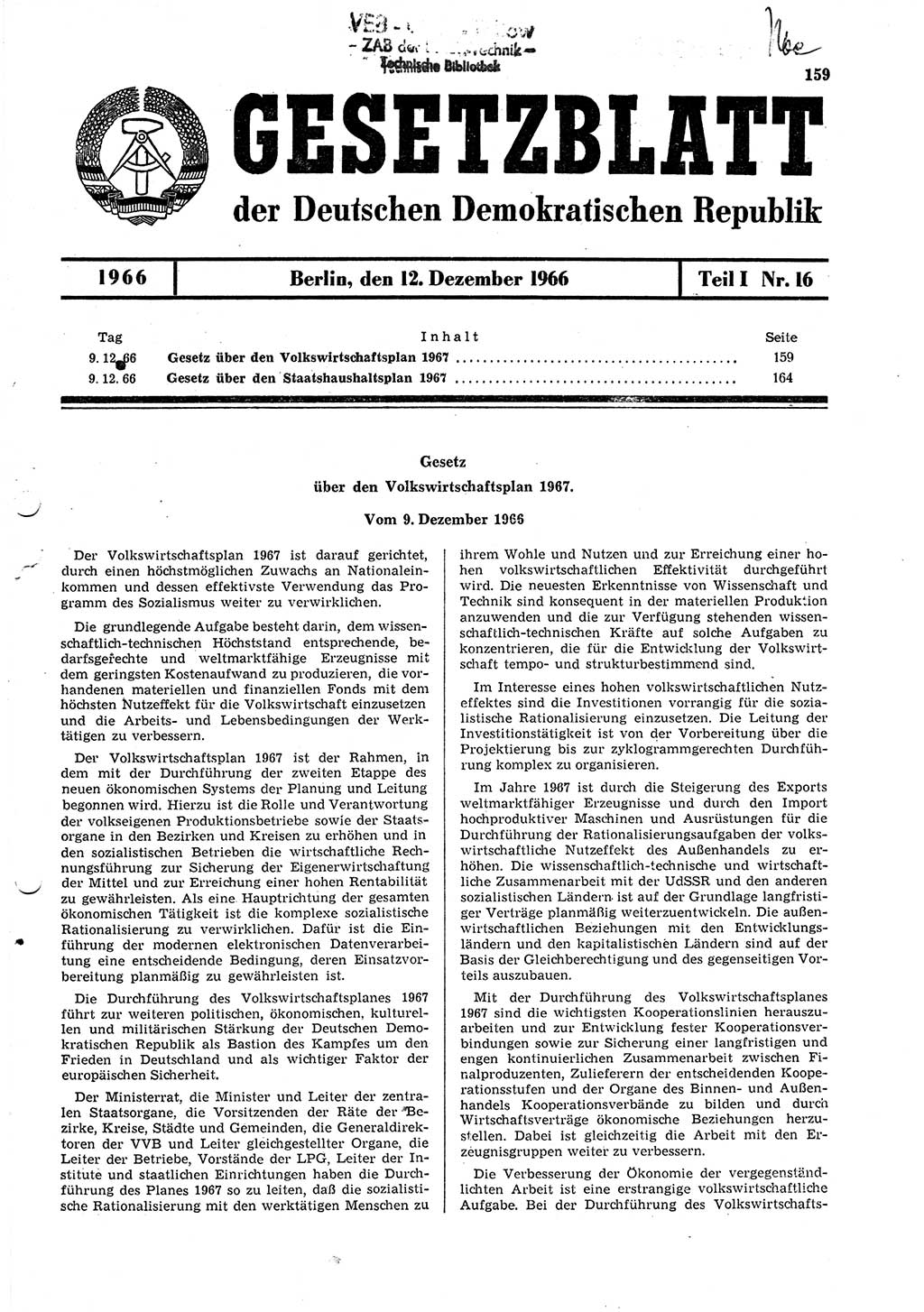 Gesetzblatt (GBl.) der Deutschen Demokratischen Republik (DDR) Teil Ⅰ 1966, Seite 159 (GBl. DDR Ⅰ 1966, S. 159)