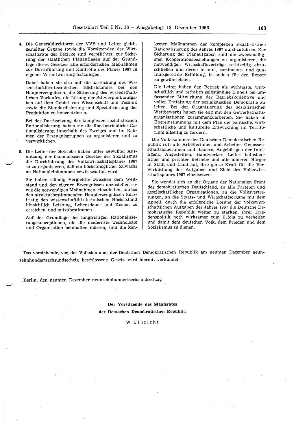Gesetzblatt (GBl.) der Deutschen Demokratischen Republik (DDR) Teil Ⅰ 1966, Seite 163 (GBl. DDR Ⅰ 1966, S. 163)