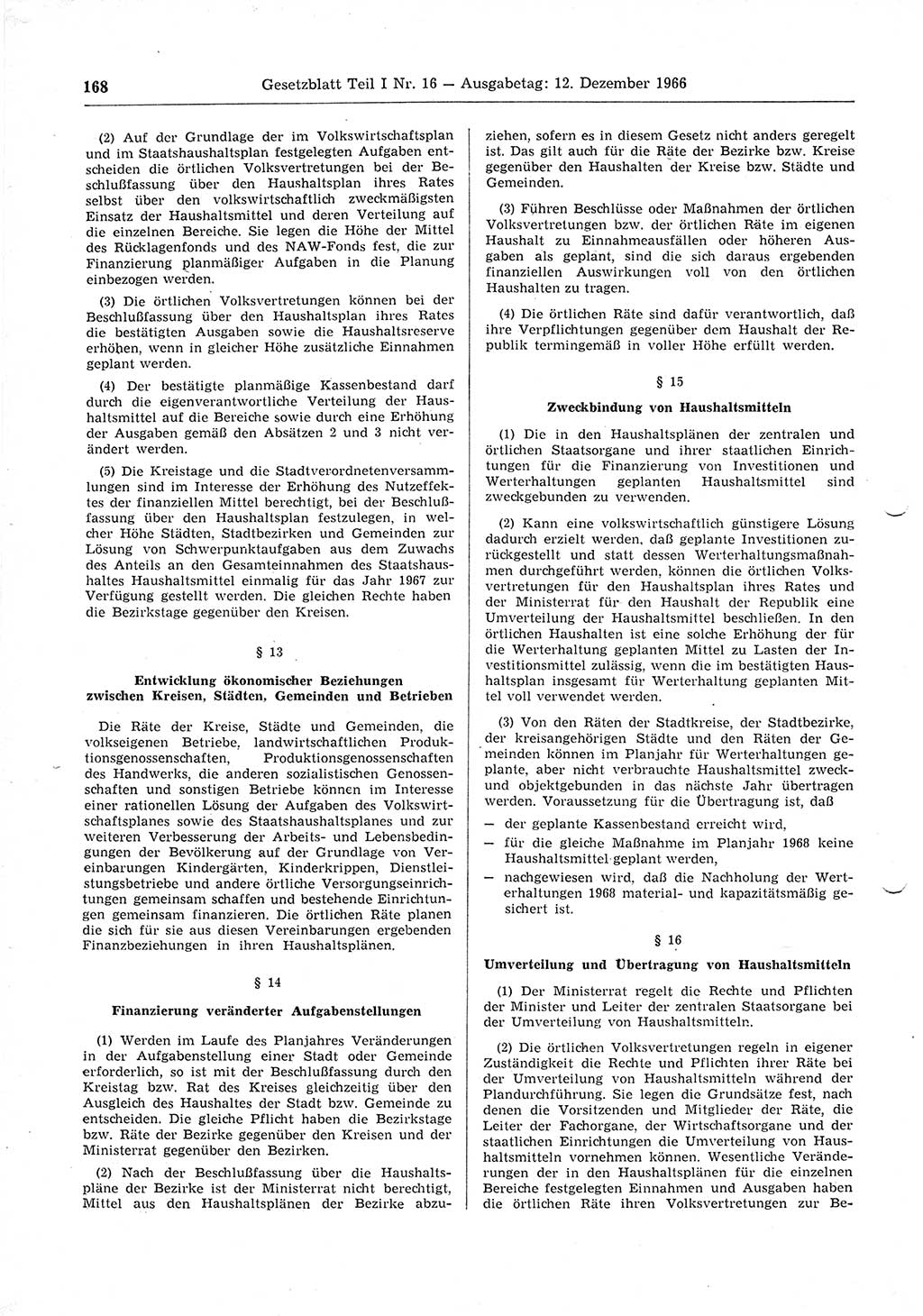 Gesetzblatt (GBl.) der Deutschen Demokratischen Republik (DDR) Teil Ⅰ 1966, Seite 168 (GBl. DDR Ⅰ 1966, S. 168)