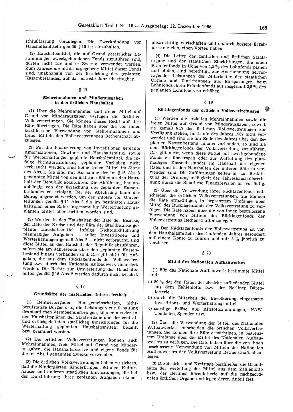 Gesetzblatt (GBl.) der Deutschen Demokratischen Republik (DDR) Teil Ⅰ 1966, Seite 169 (GBl. DDR Ⅰ 1966, S. 169)