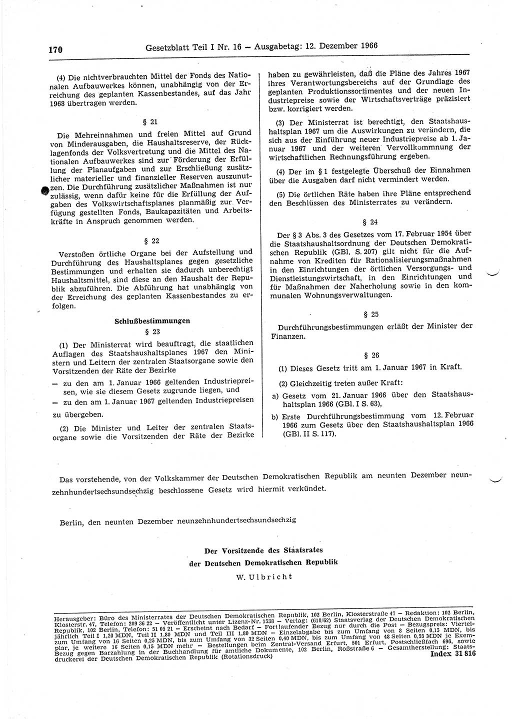 Gesetzblatt (GBl.) der Deutschen Demokratischen Republik (DDR) Teil Ⅰ 1966, Seite 170 (GBl. DDR Ⅰ 1966, S. 170)