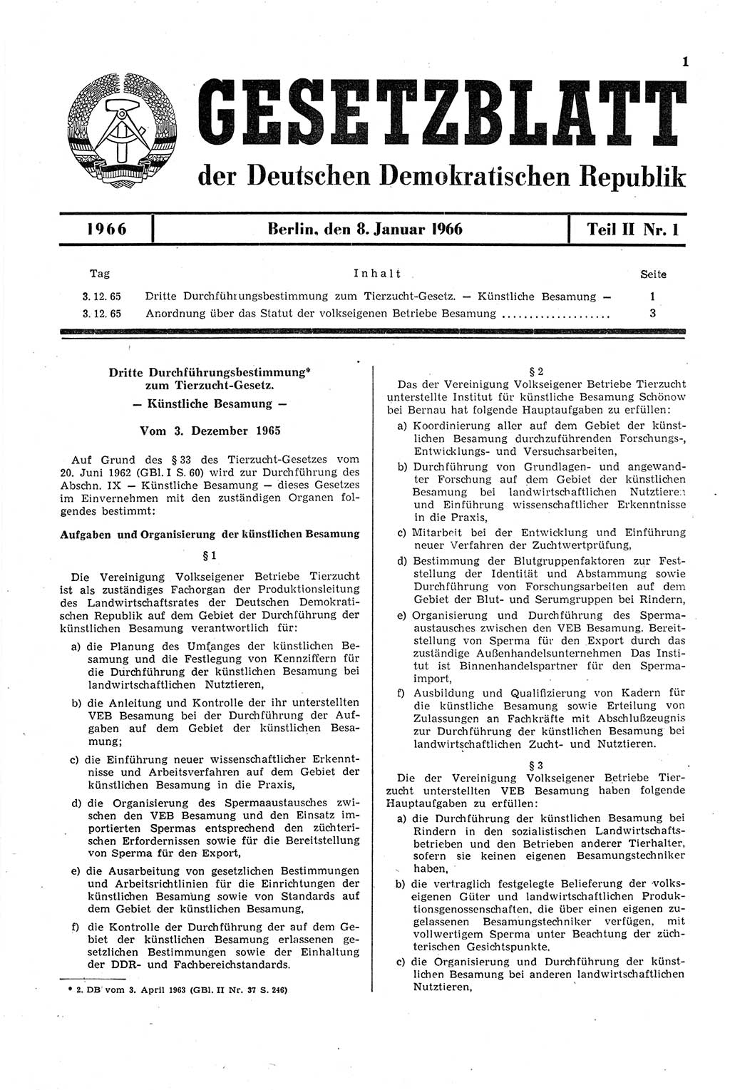 Gesetzblatt (GBl.) der Deutschen Demokratischen Republik (DDR) Teil ⅠⅠ 1966, Seite 1 (GBl. DDR ⅠⅠ 1966, S. 1)