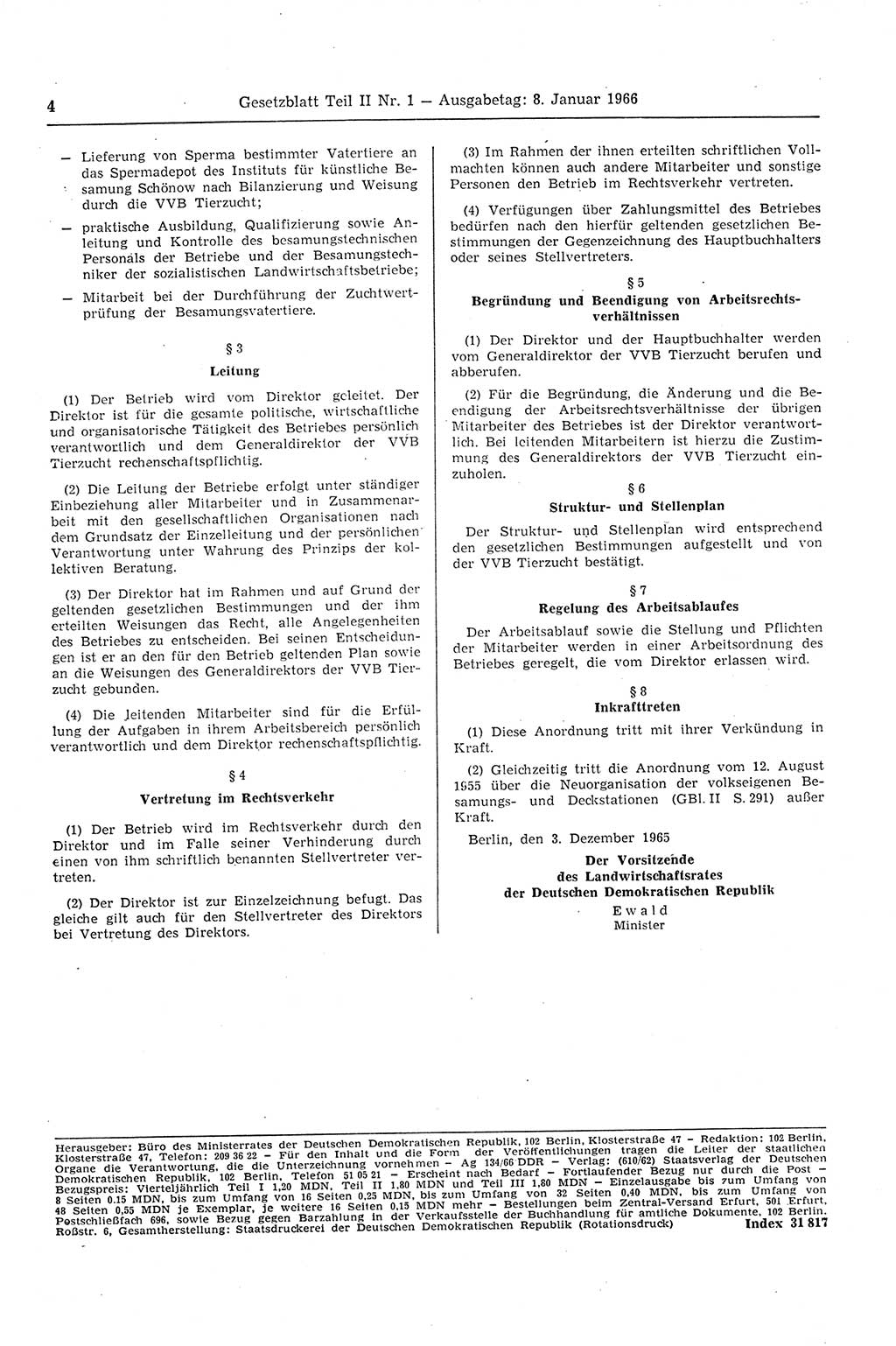 Gesetzblatt (GBl.) der Deutschen Demokratischen Republik (DDR) Teil ⅠⅠ 1966, Seite 4 (GBl. DDR ⅠⅠ 1966, S. 4)