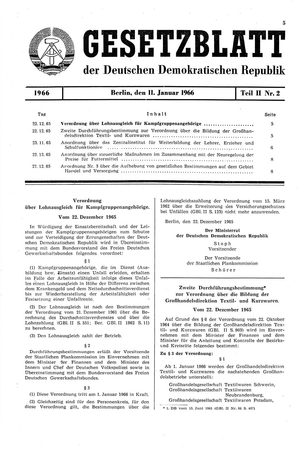Gesetzblatt (GBl.) der Deutschen Demokratischen Republik (DDR) Teil ⅠⅠ 1966, Seite 5 (GBl. DDR ⅠⅠ 1966, S. 5)