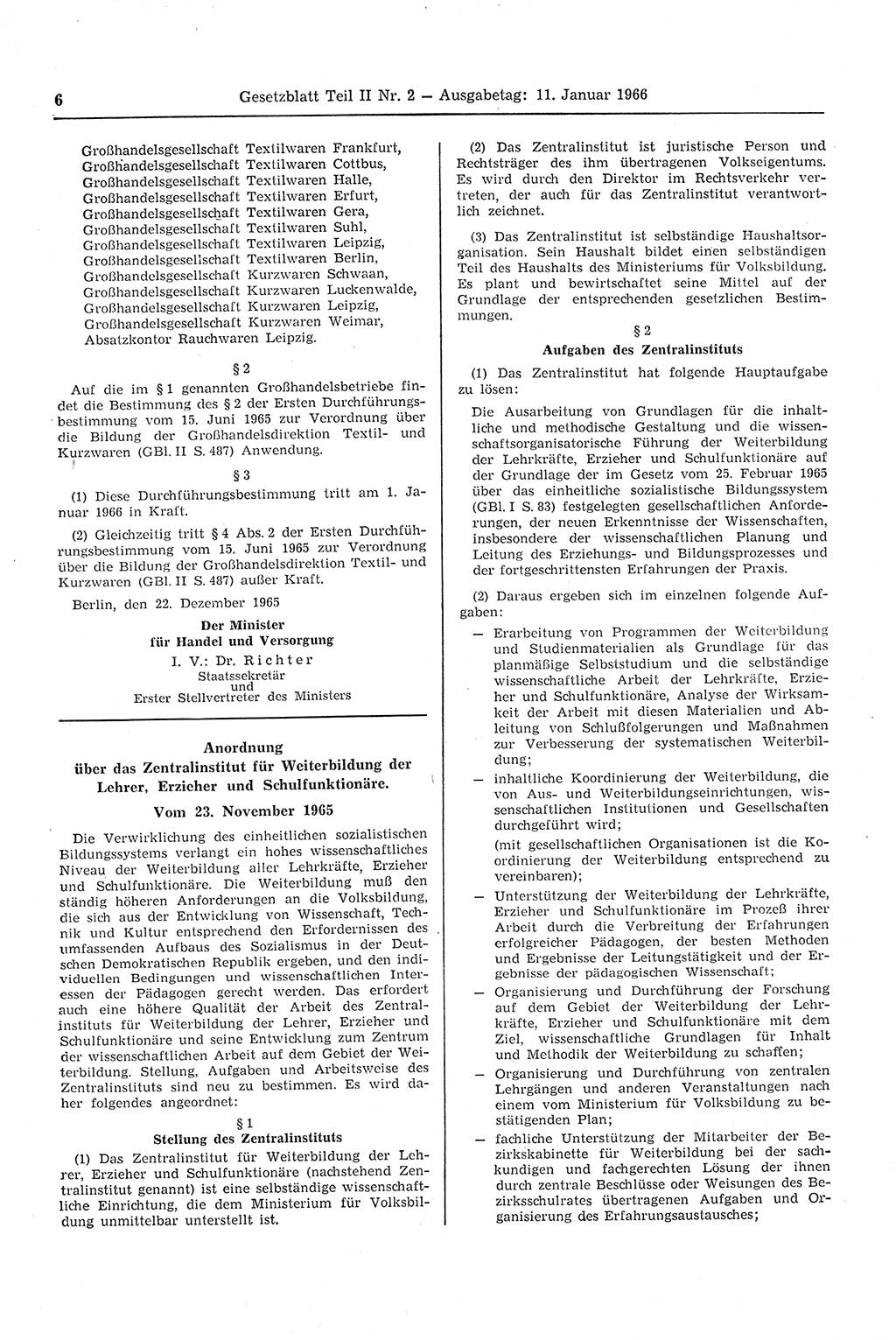 Gesetzblatt (GBl.) der Deutschen Demokratischen Republik (DDR) Teil ⅠⅠ 1966, Seite 6 (GBl. DDR ⅠⅠ 1966, S. 6)