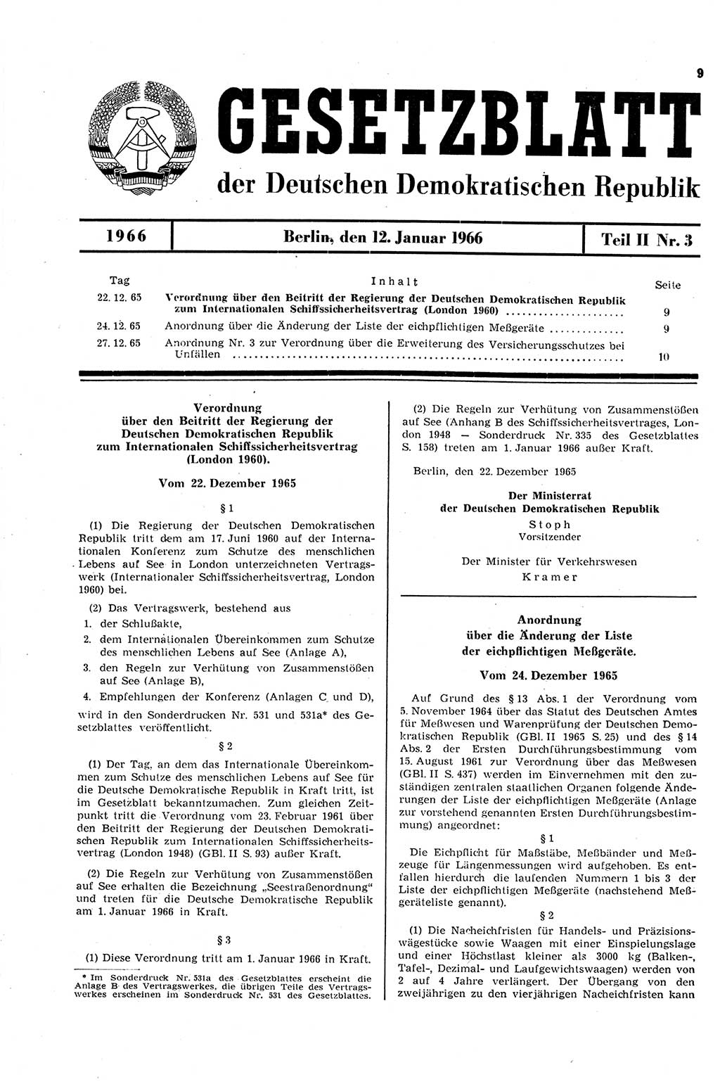 Gesetzblatt (GBl.) der Deutschen Demokratischen Republik (DDR) Teil ⅠⅠ 1966, Seite 9 (GBl. DDR ⅠⅠ 1966, S. 9)