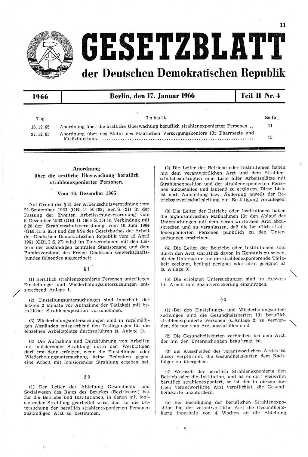 Gesetzblatt (GBl.) der Deutschen Demokratischen Republik (DDR) Teil ⅠⅠ 1966, Seite 11 (GBl. DDR ⅠⅠ 1966, S. 11)