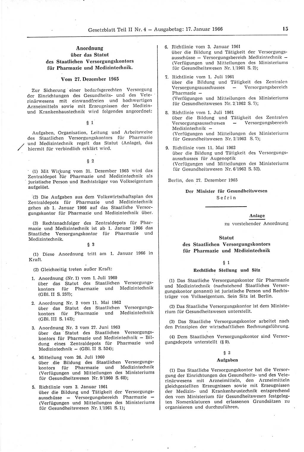 Gesetzblatt (GBl.) der Deutschen Demokratischen Republik (DDR) Teil ⅠⅠ 1966, Seite 15 (GBl. DDR ⅠⅠ 1966, S. 15)