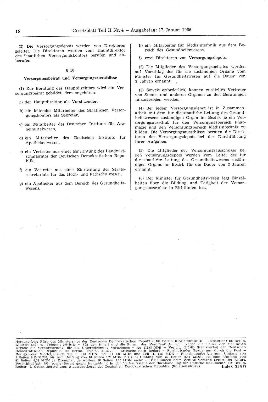 Gesetzblatt (GBl.) der Deutschen Demokratischen Republik (DDR) Teil ⅠⅠ 1966, Seite 18 (GBl. DDR ⅠⅠ 1966, S. 18)