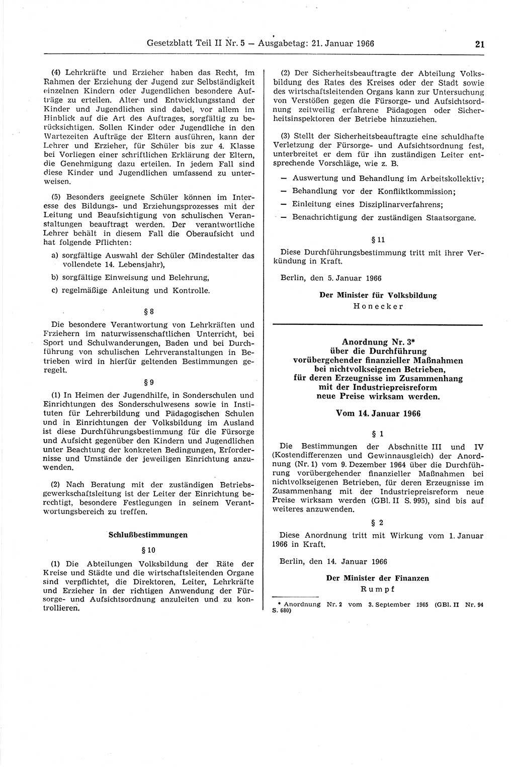 Gesetzblatt (GBl.) der Deutschen Demokratischen Republik (DDR) Teil ⅠⅠ 1966, Seite 21 (GBl. DDR ⅠⅠ 1966, S. 21)