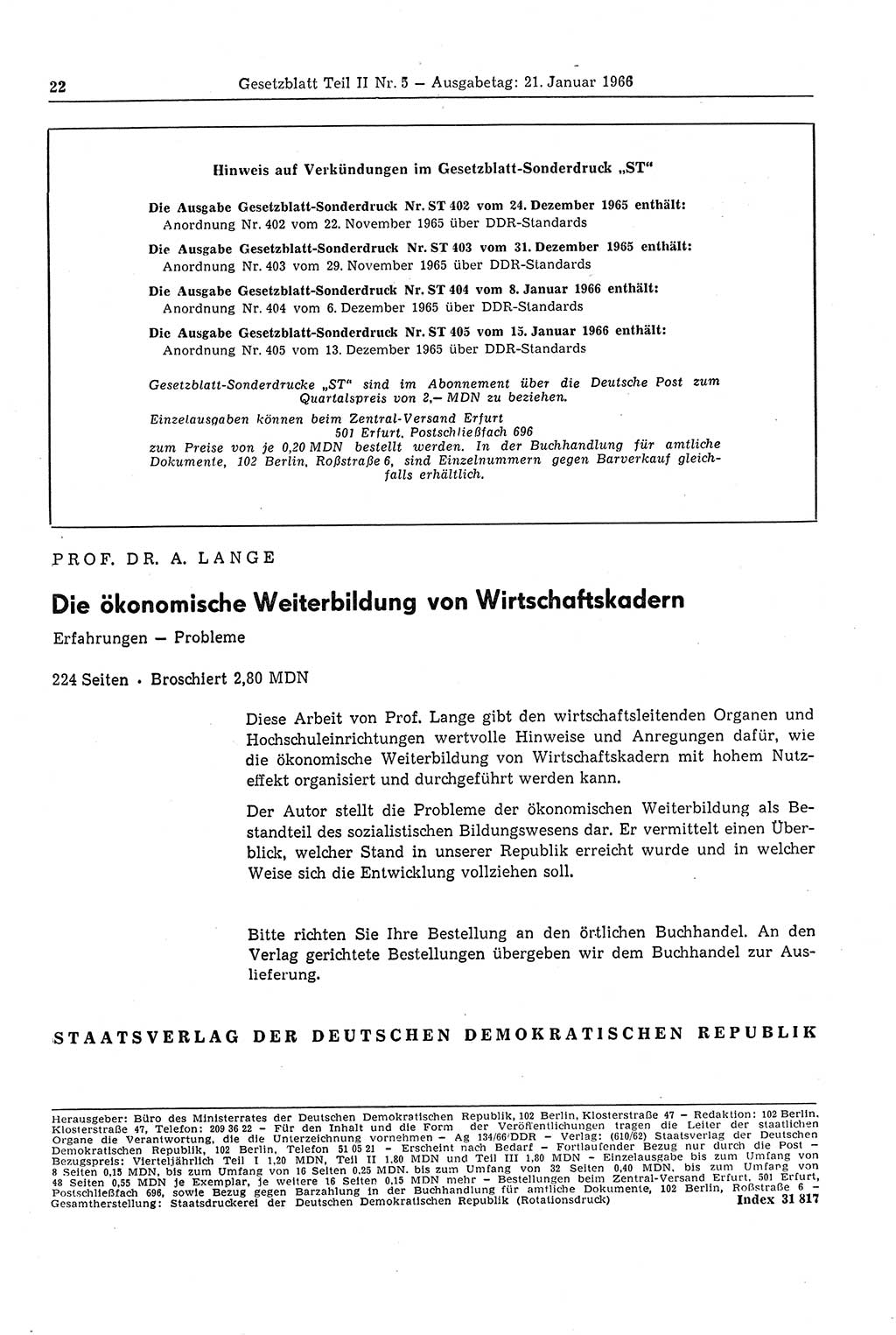 Gesetzblatt (GBl.) der Deutschen Demokratischen Republik (DDR) Teil ⅠⅠ 1966, Seite 22 (GBl. DDR ⅠⅠ 1966, S. 22)