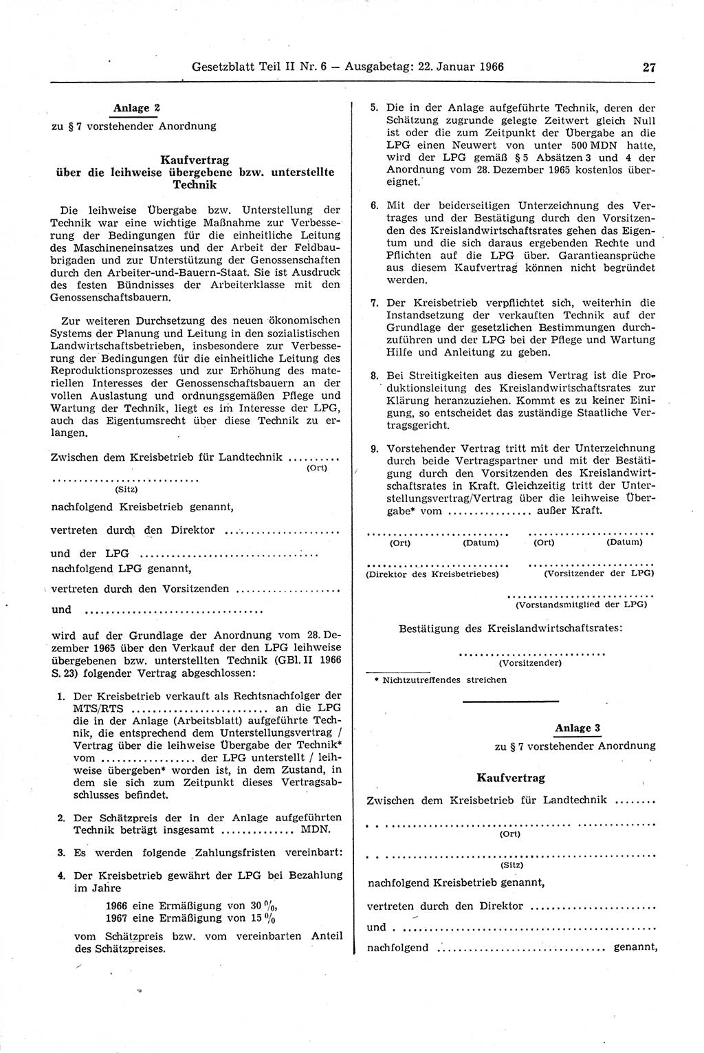 Gesetzblatt (GBl.) der Deutschen Demokratischen Republik (DDR) Teil ⅠⅠ 1966, Seite 27 (GBl. DDR ⅠⅠ 1966, S. 27)
