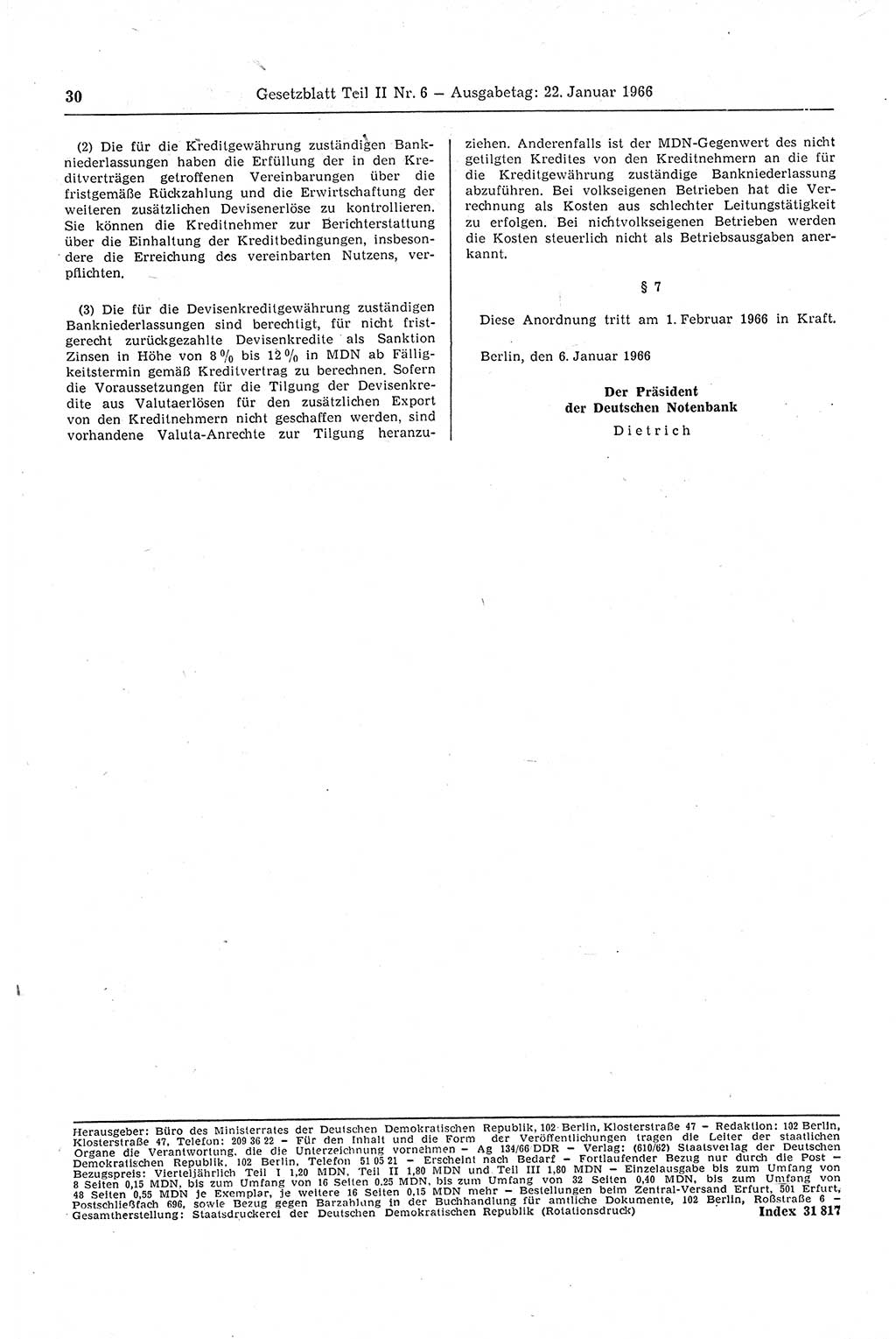 Gesetzblatt (GBl.) der Deutschen Demokratischen Republik (DDR) Teil ⅠⅠ 1966, Seite 30 (GBl. DDR ⅠⅠ 1966, S. 30)