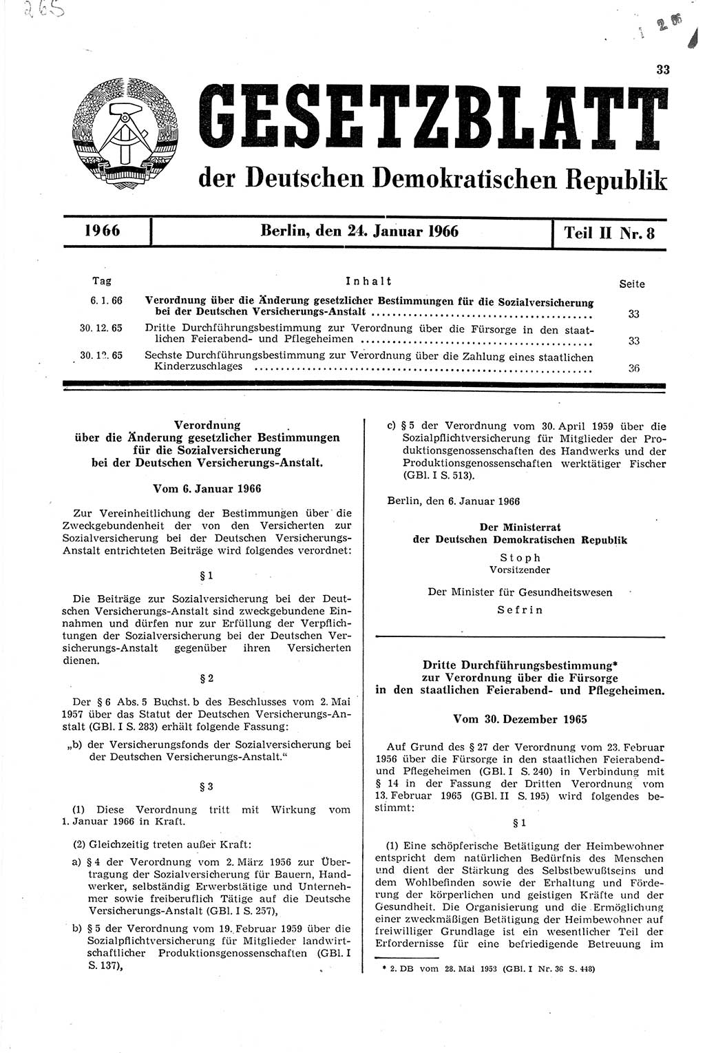 Gesetzblatt (GBl.) der Deutschen Demokratischen Republik (DDR) Teil ⅠⅠ 1966, Seite 33 (GBl. DDR ⅠⅠ 1966, S. 33)