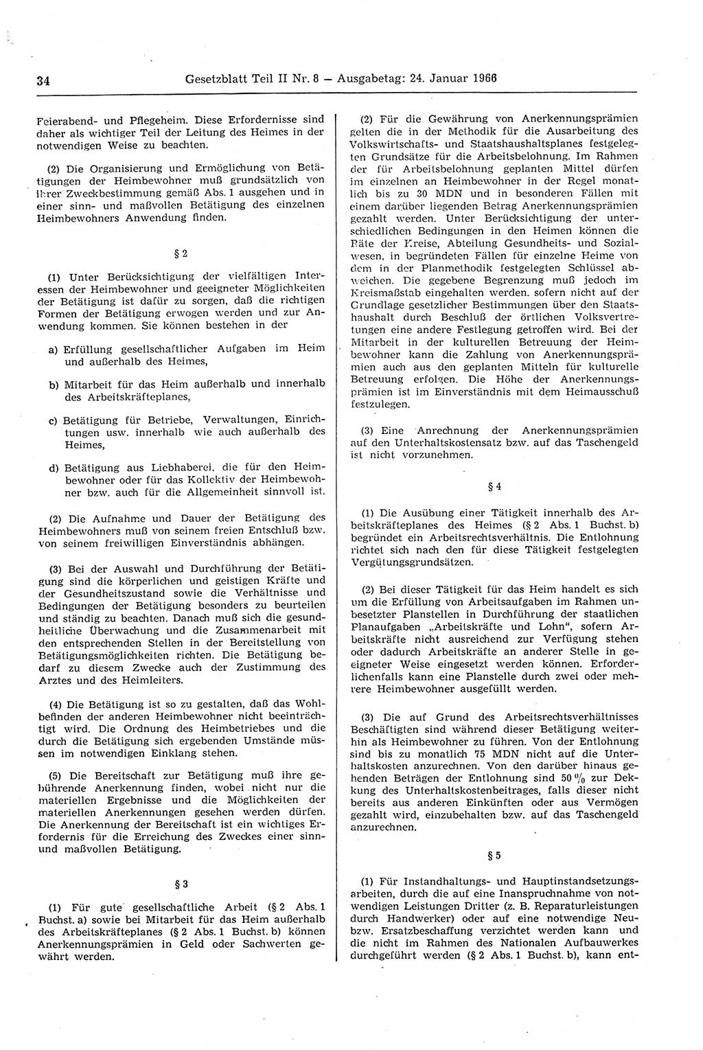 Gesetzblatt (GBl.) der Deutschen Demokratischen Republik (DDR) Teil ⅠⅠ 1966, Seite 34 (GBl. DDR ⅠⅠ 1966, S. 34)