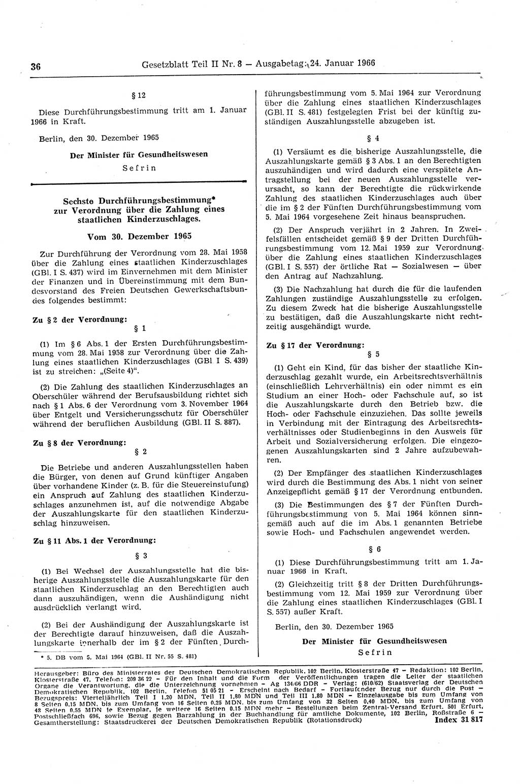 Gesetzblatt (GBl.) der Deutschen Demokratischen Republik (DDR) Teil ⅠⅠ 1966, Seite 36 (GBl. DDR ⅠⅠ 1966, S. 36)