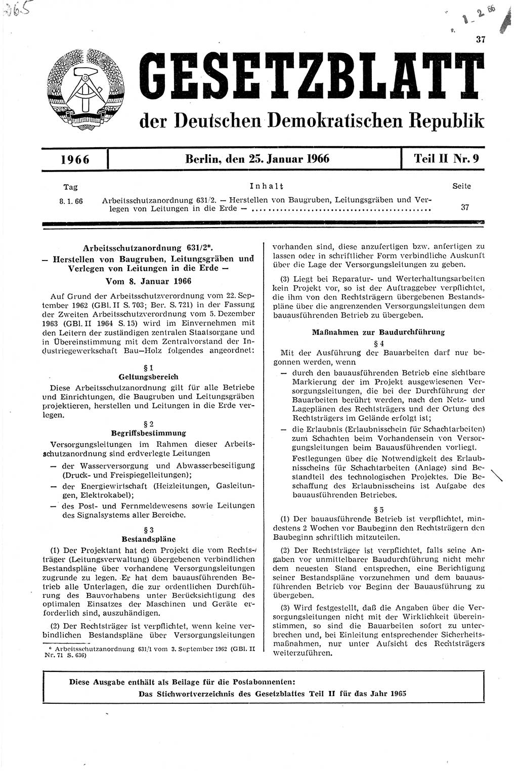 Gesetzblatt (GBl.) der Deutschen Demokratischen Republik (DDR) Teil ⅠⅠ 1966, Seite 37 (GBl. DDR ⅠⅠ 1966, S. 37)