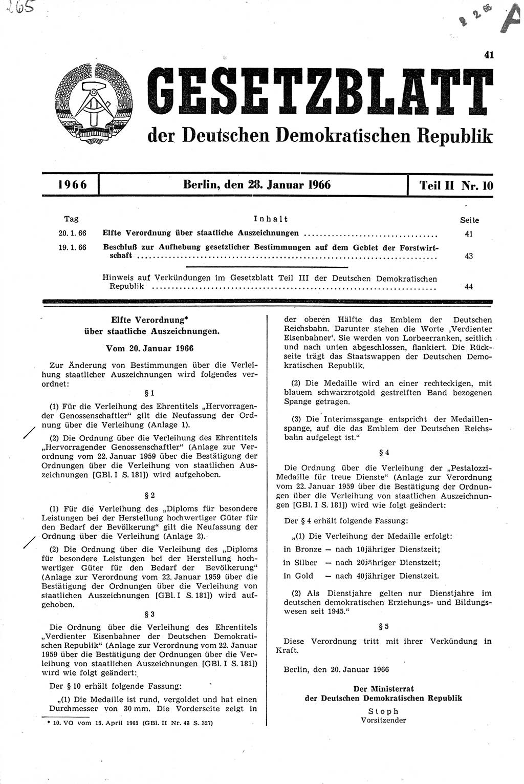 Gesetzblatt (GBl.) der Deutschen Demokratischen Republik (DDR) Teil ⅠⅠ 1966, Seite 41 (GBl. DDR ⅠⅠ 1966, S. 41)