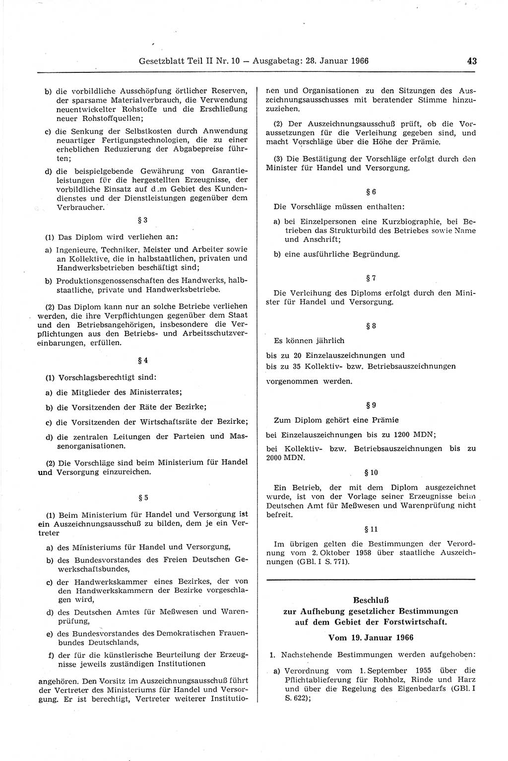 Gesetzblatt (GBl.) der Deutschen Demokratischen Republik (DDR) Teil ⅠⅠ 1966, Seite 43 (GBl. DDR ⅠⅠ 1966, S. 43)