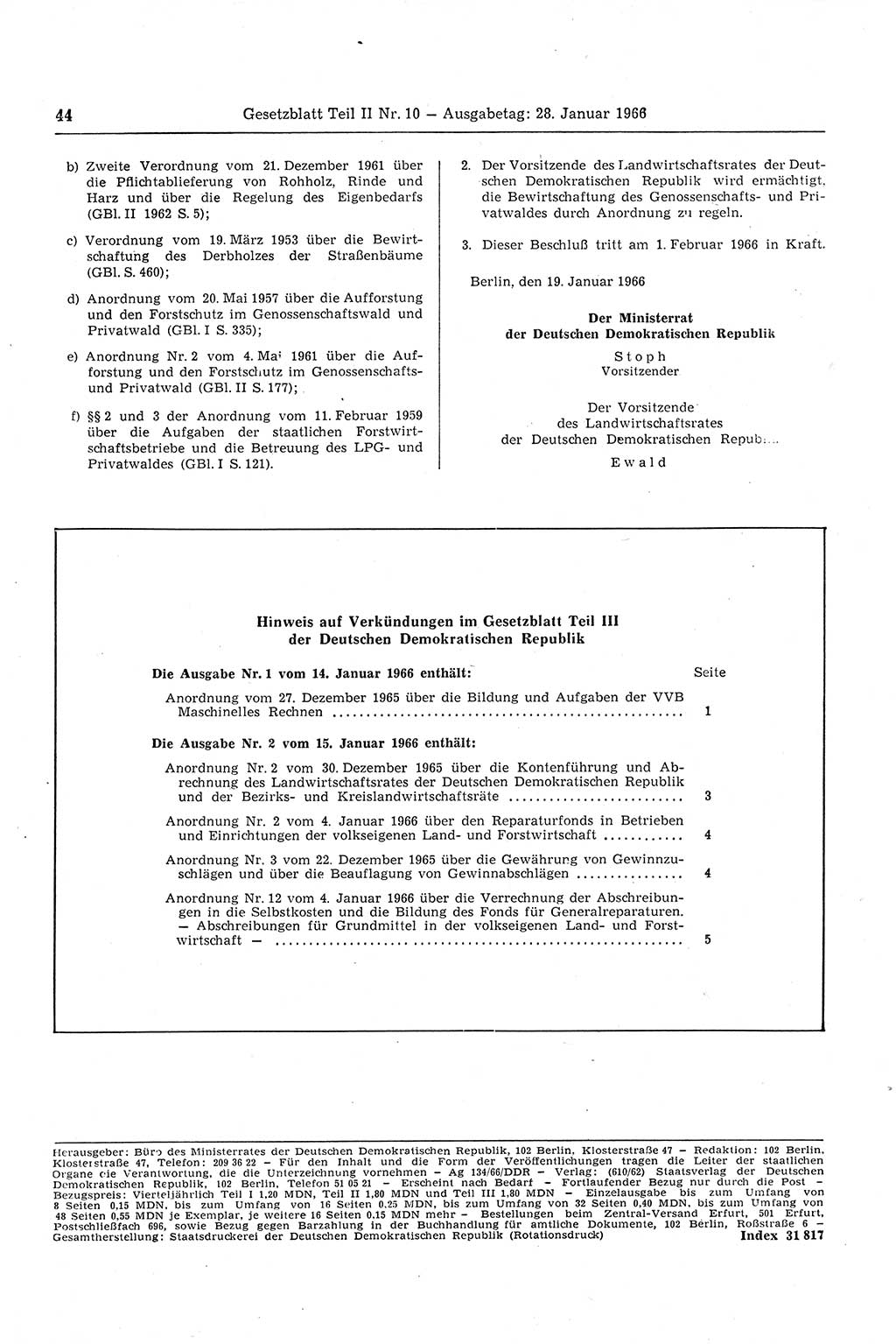 Gesetzblatt (GBl.) der Deutschen Demokratischen Republik (DDR) Teil ⅠⅠ 1966, Seite 44 (GBl. DDR ⅠⅠ 1966, S. 44)