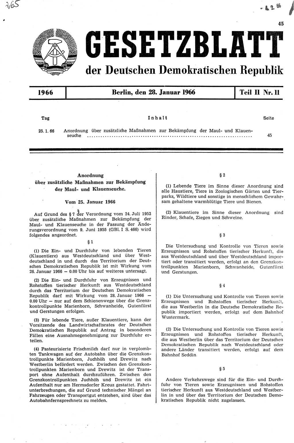 Gesetzblatt (GBl.) der Deutschen Demokratischen Republik (DDR) Teil ⅠⅠ 1966, Seite 45 (GBl. DDR ⅠⅠ 1966, S. 45)