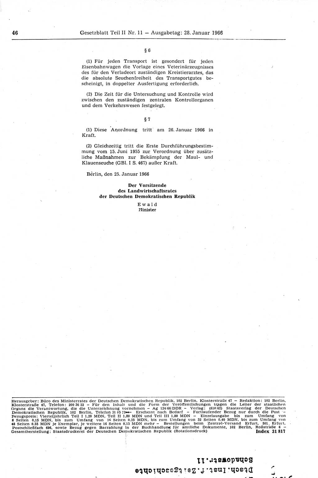 Gesetzblatt (GBl.) der Deutschen Demokratischen Republik (DDR) Teil ⅠⅠ 1966, Seite 46 (GBl. DDR ⅠⅠ 1966, S. 46)