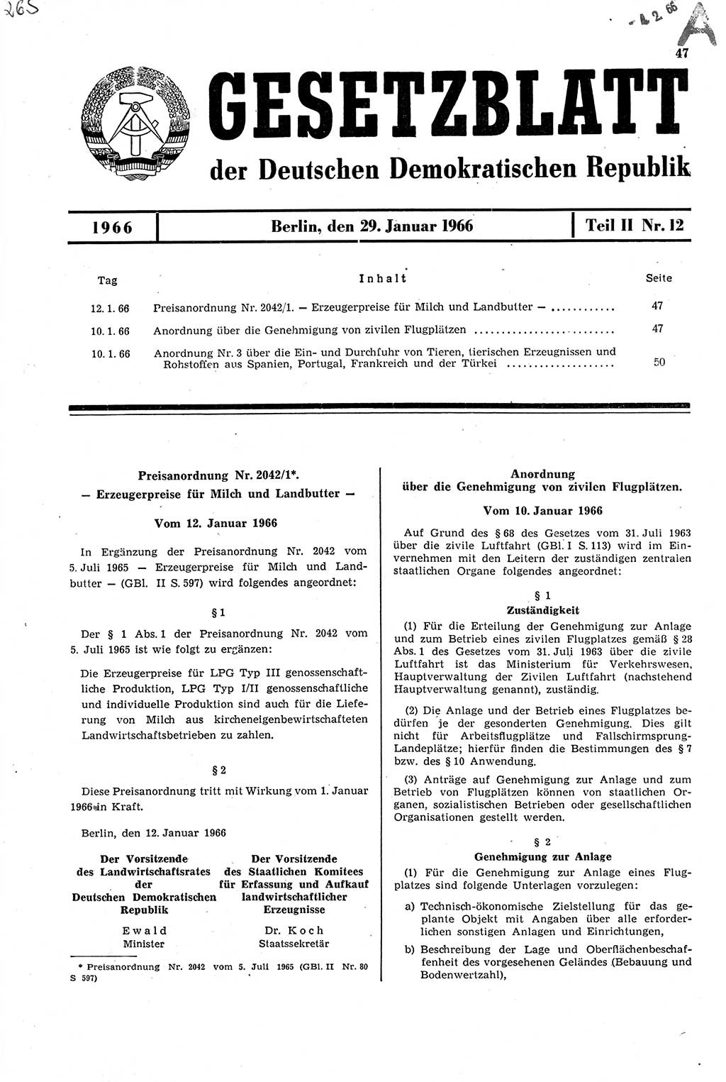 Gesetzblatt (GBl.) der Deutschen Demokratischen Republik (DDR) Teil ⅠⅠ 1966, Seite 47 (GBl. DDR ⅠⅠ 1966, S. 47)