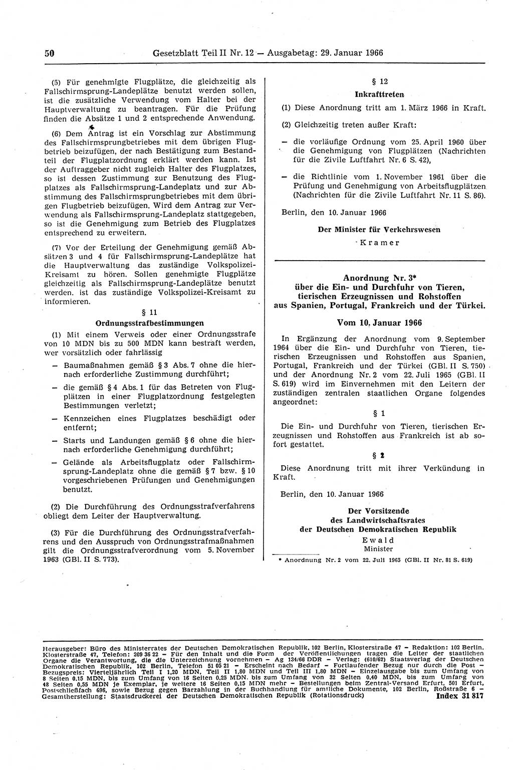 Gesetzblatt (GBl.) der Deutschen Demokratischen Republik (DDR) Teil ⅠⅠ 1966, Seite 50 (GBl. DDR ⅠⅠ 1966, S. 50)