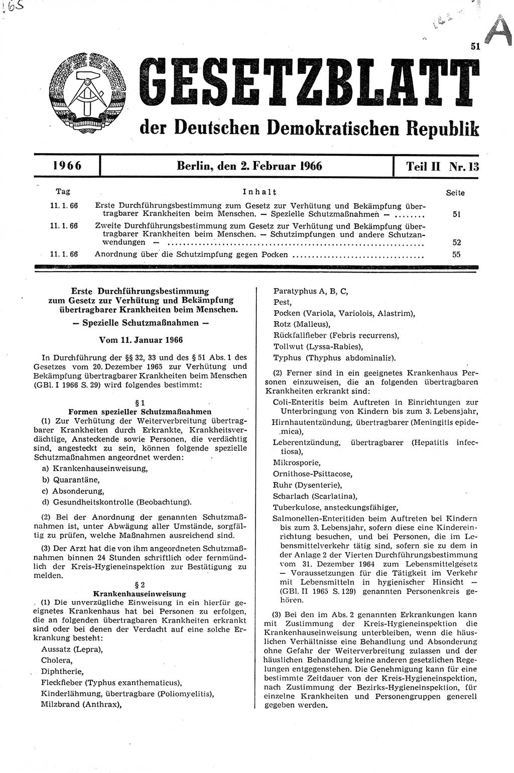 Gesetzblatt (GBl.) der Deutschen Demokratischen Republik (DDR) Teil ⅠⅠ 1966, Seite 51 (GBl. DDR ⅠⅠ 1966, S. 51)