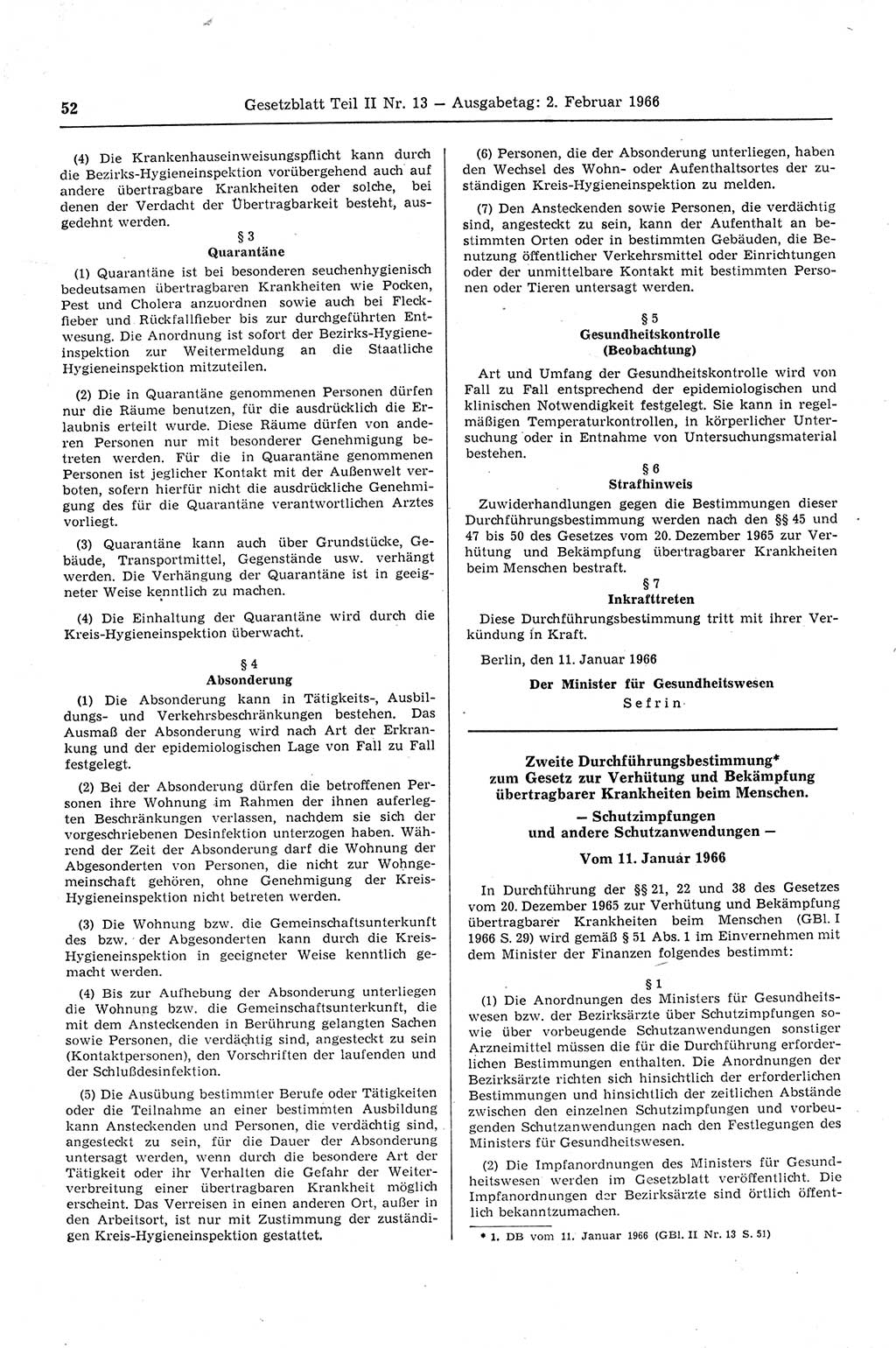 Gesetzblatt (GBl.) der Deutschen Demokratischen Republik (DDR) Teil ⅠⅠ 1966, Seite 52 (GBl. DDR ⅠⅠ 1966, S. 52)