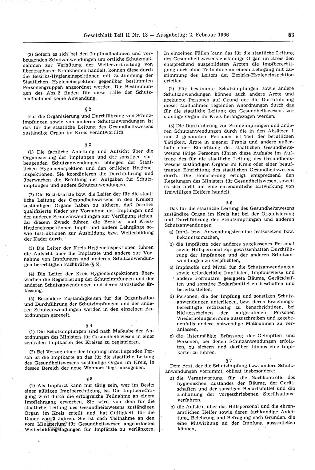 Gesetzblatt (GBl.) der Deutschen Demokratischen Republik (DDR) Teil ⅠⅠ 1966, Seite 53 (GBl. DDR ⅠⅠ 1966, S. 53)