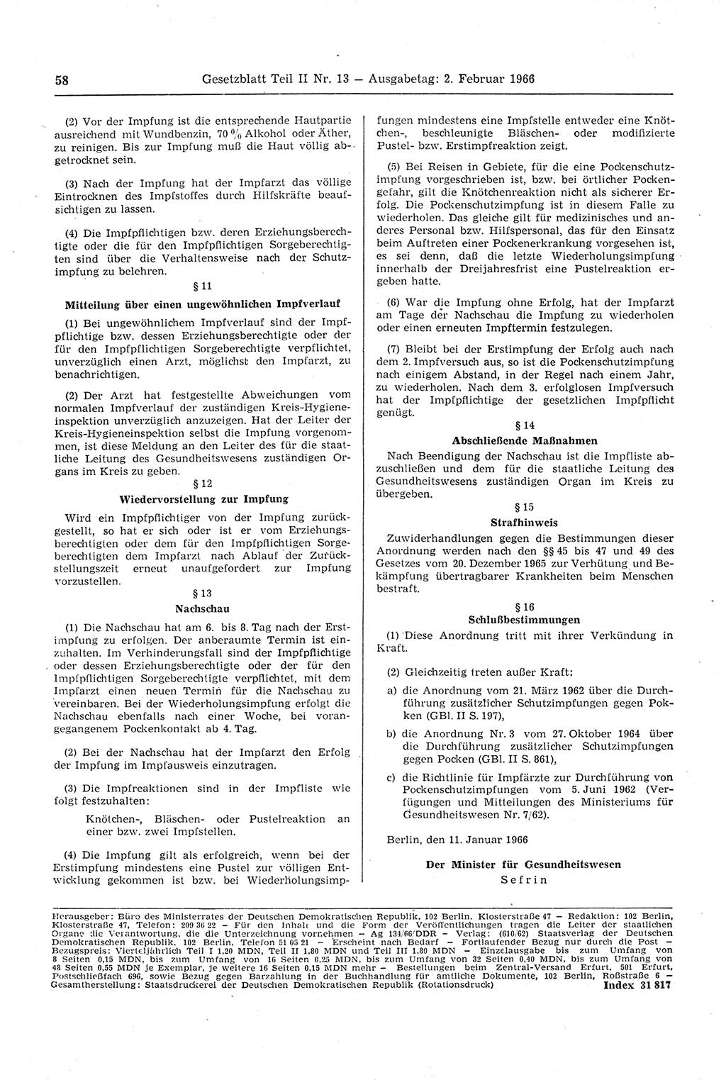 Gesetzblatt (GBl.) der Deutschen Demokratischen Republik (DDR) Teil ⅠⅠ 1966, Seite 58 (GBl. DDR ⅠⅠ 1966, S. 58)