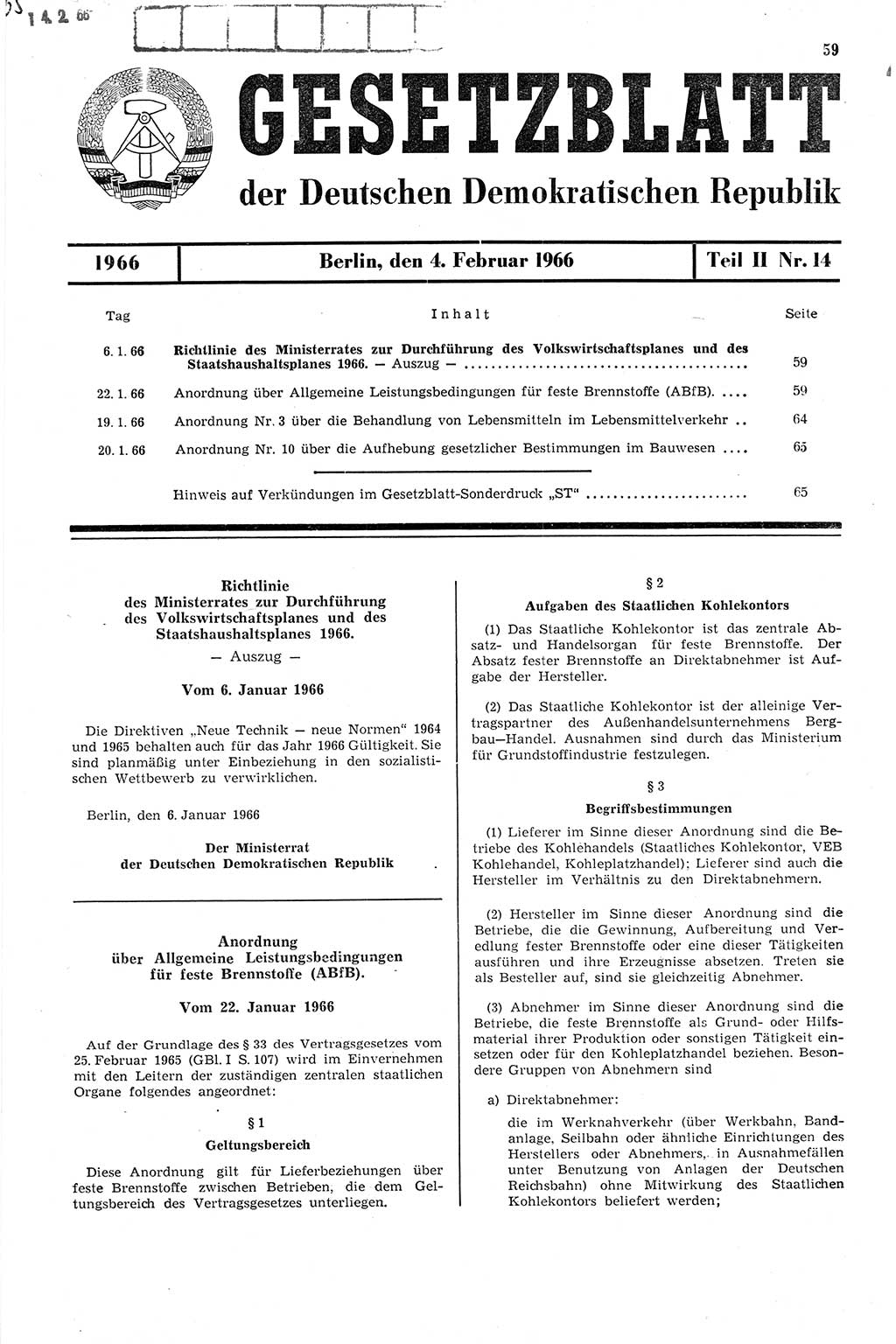 Gesetzblatt (GBl.) der Deutschen Demokratischen Republik (DDR) Teil ⅠⅠ 1966, Seite 59 (GBl. DDR ⅠⅠ 1966, S. 59)